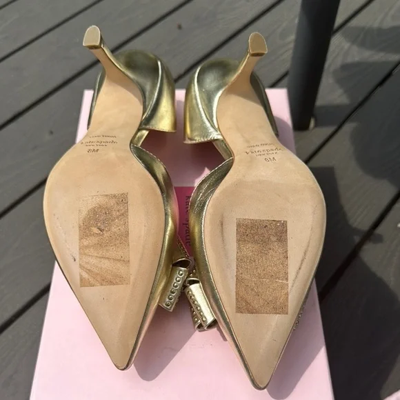 NEW Kate Spade Leather Gold Bow Stud Heels - Picture 8 of 10